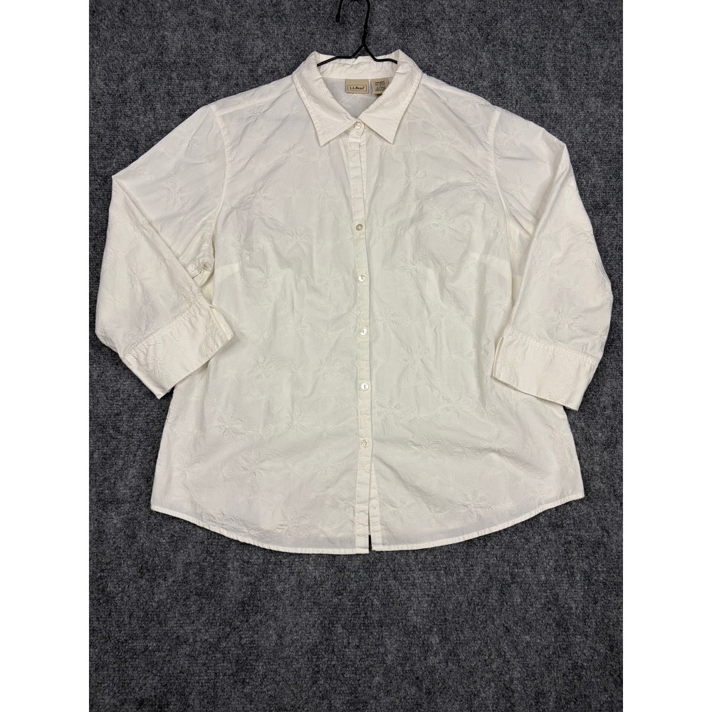 LL Bean Womens White Floral Embroidered 3/4 Sleeve Button Down Shirt Large